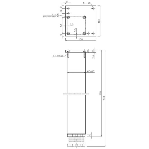 Set 4 picioare Aluminiu, patrate, 60x60x710mm, reglabile pe inaltime, negru